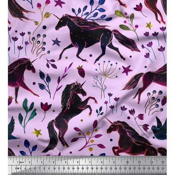 Soimoi Japan Crepe Satin Fabric Leaves,Floral & Unicorn Animal Decor Fabric Printed Yard 42 Inch Wide