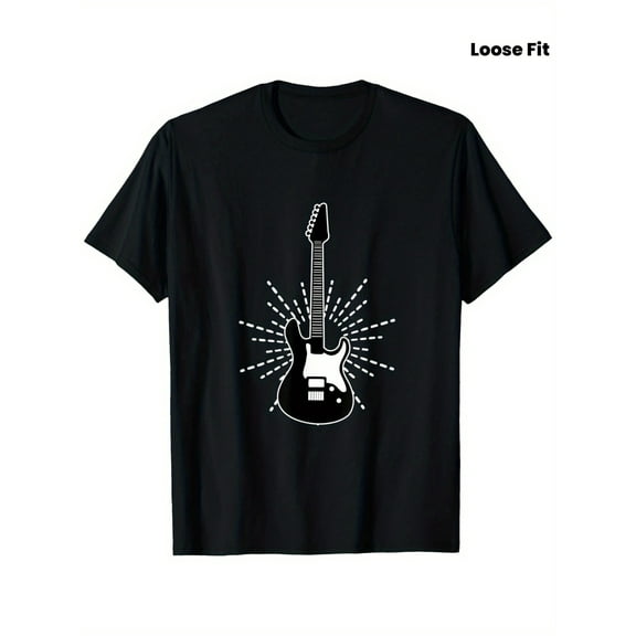 Men's Electric Guitar Graphic T-Shirt - Black Rock Band Tee with Electric Guitar Print, Breathable Knit Fabric Loose Fit Shirt for Concerts, Gifts, Casual Attire - All-Season Casual Music Lover