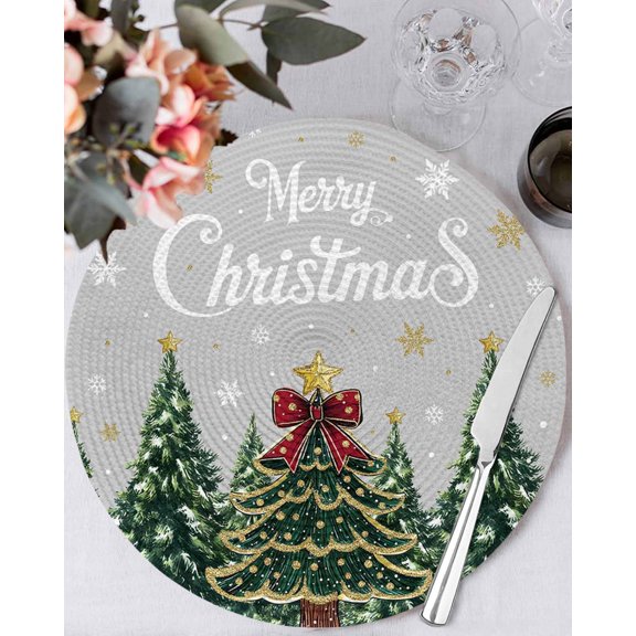 15 Inch Round Placemats Set of 6, Grey Christmas Non Slip Heat Insulation PP Table Mats, Snowflake Xmas Christmas Tree Washable Place Mats for Kitchen Dining Party Table Decor