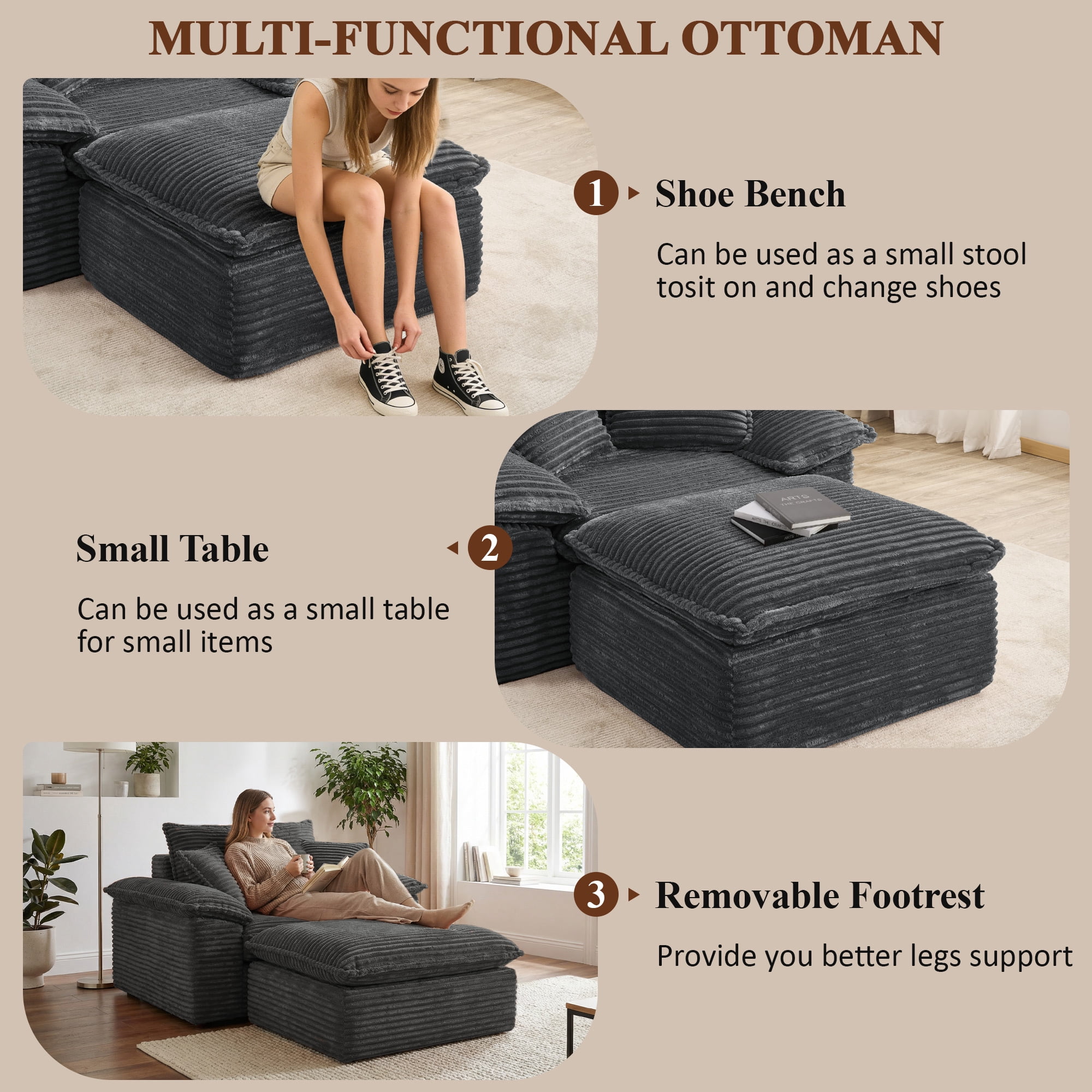 Aukfa 63.5" Oversized Chaise Lounge Sofa with Movable 2-Layer Ottoman, Deep Seat Boneless Couch, Corduroy Lounge Chair, Dark Gray