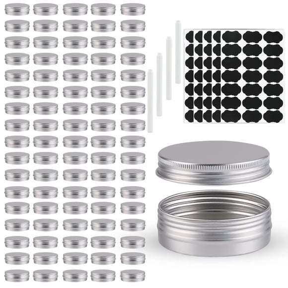 OBKJJ 102 Pack Round Cans with Screw Lid 1 Oz Aluminum Metal Tins DIY Food Candle Containers for Lotion Bars, Balms, Salve, Spices, Beard Balm, Crafts with 4 Markers 5 Sheets Label Stickers (Silver)
