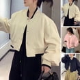 thumbnail image 2 of Fall Spring Women Jacket Stand Collar Solid Color Long Sleeves Single-breasted V Neck High Street Preppy Style Baseball Coat Loose Cardigan Short Coat, 2 of 8