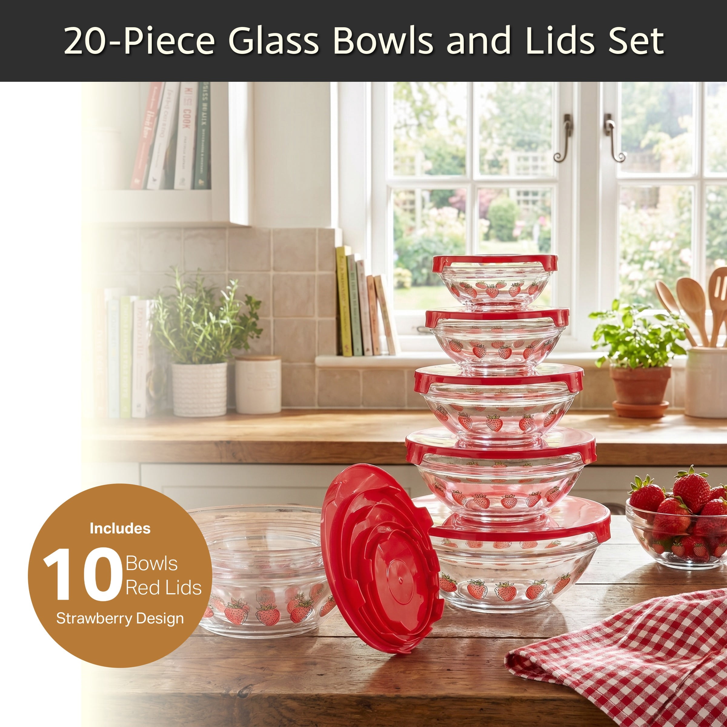 Glass Food Storage Containers with Lids- 20 Piece Set with Multiple Bowl Sizes for Storage, Meal Prep, Mixing and Serving by Chef Buddy (Fruit Design)