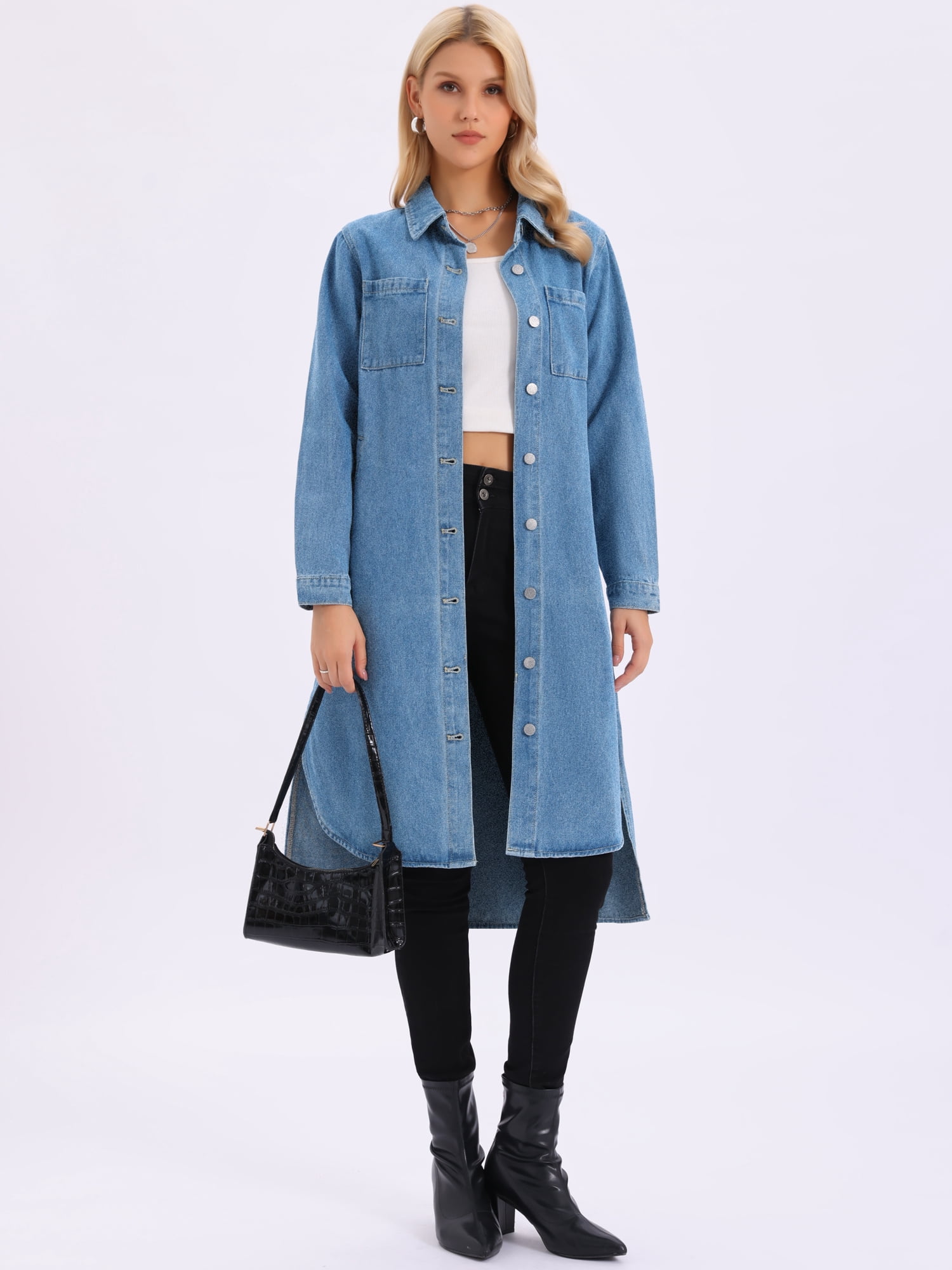 DARING DIVA Womens Fall Curved Hem Button Down Midi Denim Dress L Light Blue