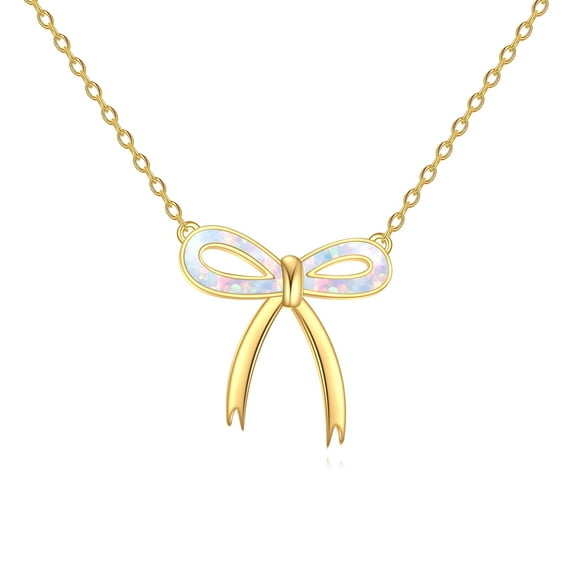 925 Sterling Silver Opal Bow Necklace, Gold Plated Chain, Fine Pendant