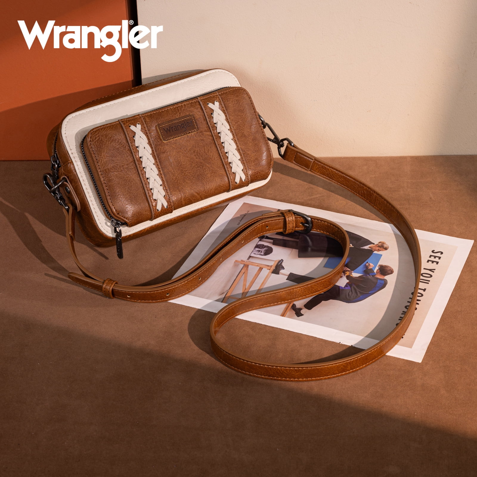 Wrangler Crossbody Bag for Women Vegan Leather Western Shoulder Purse Small Multi Pocket Crossbody Wallet Purse Crossover Bags with Adjustable Strap, Brown-Begie