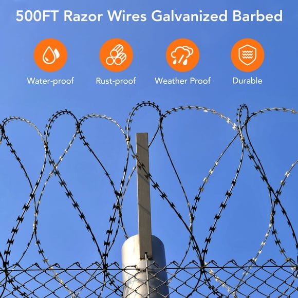 Shaver Barbed Wire Fence 250FT/500FT, Galvanized Steel High Security Perimeter Fencing with Shaver Ribbon Design, Easy Install for Farm Garden Property