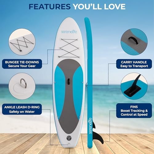 SereneLife 10 Inflatable Stand Up Paddle Board with Premium SUP Accessories, 32 Wide Stable Design, Non-Slip EVA Deck Pad for Adults, 275 lbs. Capacity