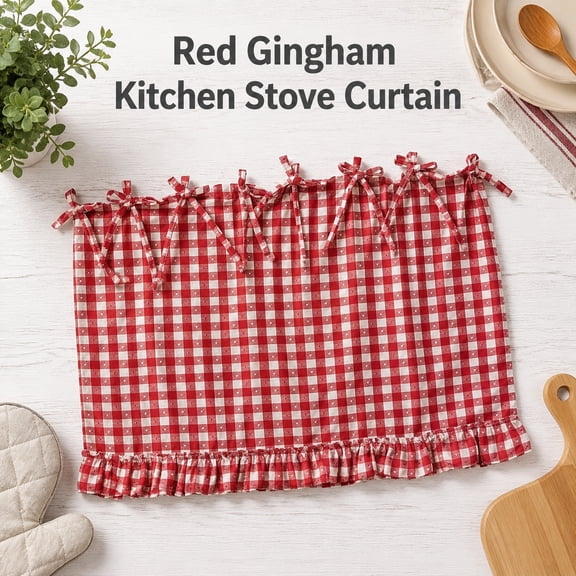 Farmhouse Oven Curtain – Plaid Ruffled Stove Cover with Ribbon Ties