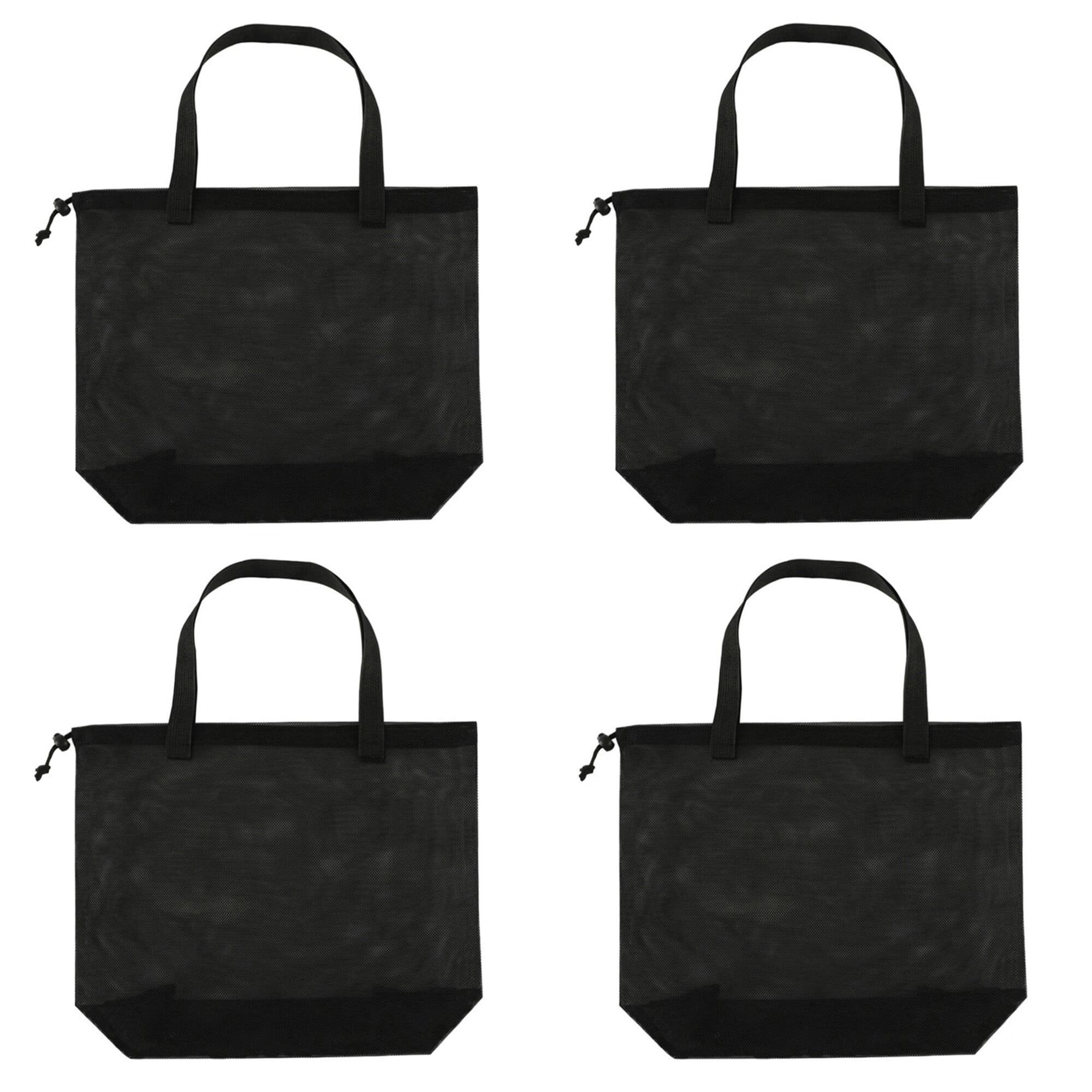 4pcs black mesh beach tote bag, mesh drawstring shopping bag suitable