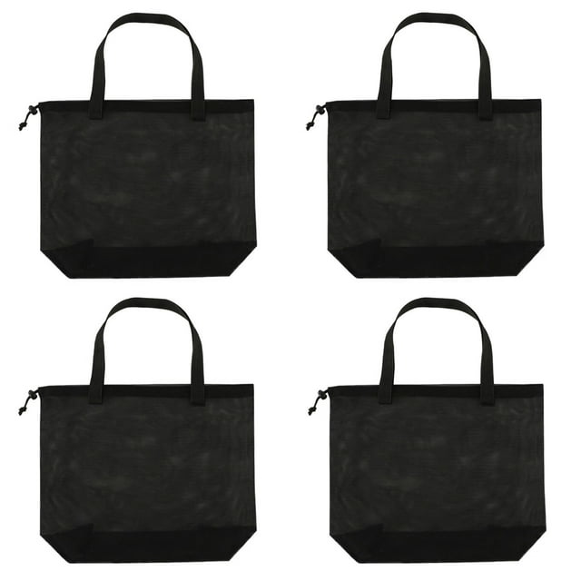 4pcs black mesh beach tote bag, mesh drawstring shopping bag suitable