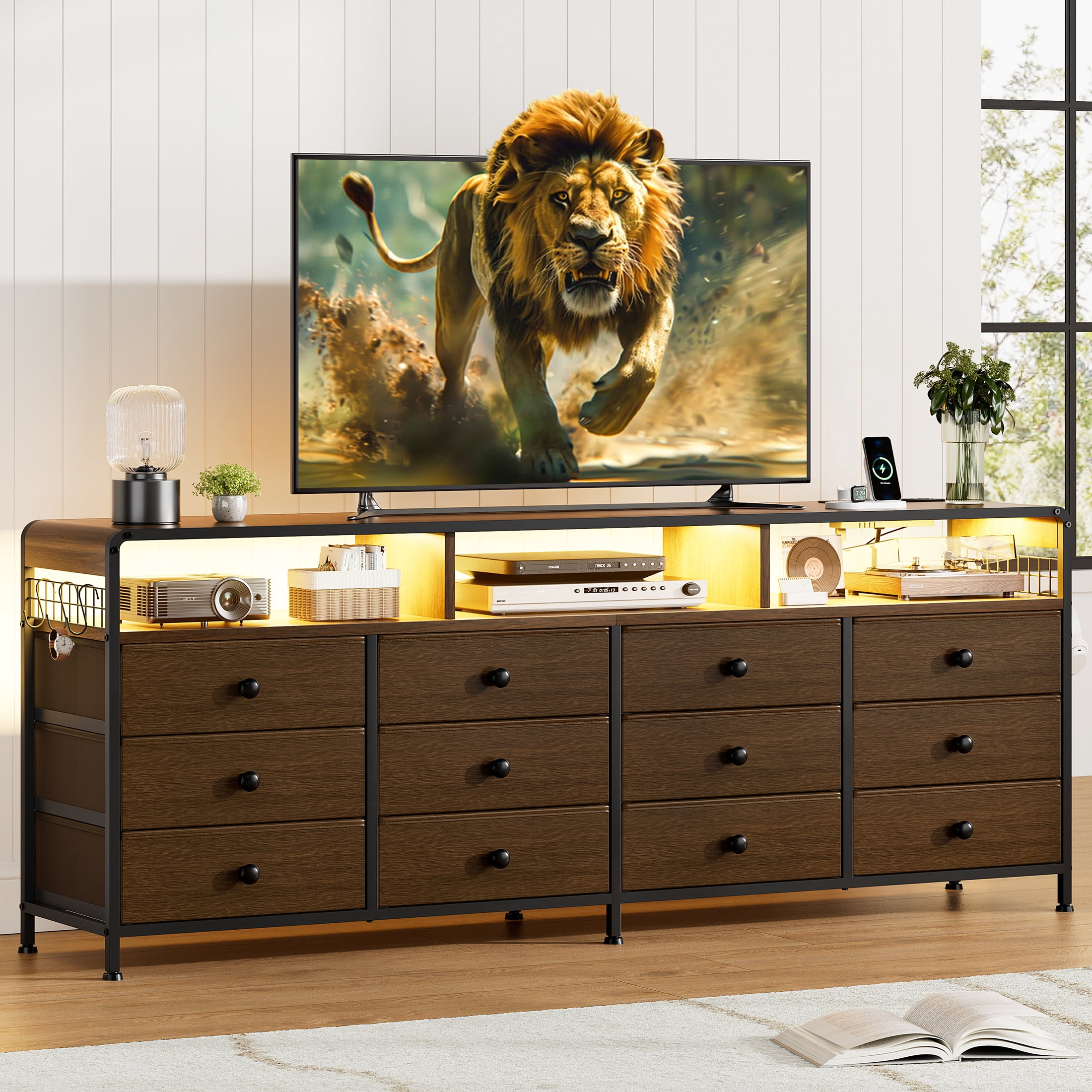 GUNAITO TV Stand for TVs up to 75", Big TV Stand with 12 Fabric Drawers and LED Lights, Entertainment Center with Storage and Shelves for Living Room, Dark Brown