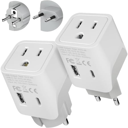 European Travel Plug Adapter – Compact Type C & F Adapter with USB-C & A + USA Input – Safe Grounded Schuko Adapter – Travel Charger for France, Germany & More – CTU-9-9C-PK