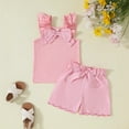 thumbnail image 2 of Sopiago Toddler Baby Girl Summer Outfit Bow Embroidery Short Sleeve T-Shirt Plaid Ruffle Shorts Set Little Girls Clothes 2-3 Years,Pink, 2 of 7
