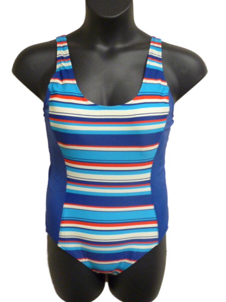blue and white striped one piece bathing suit