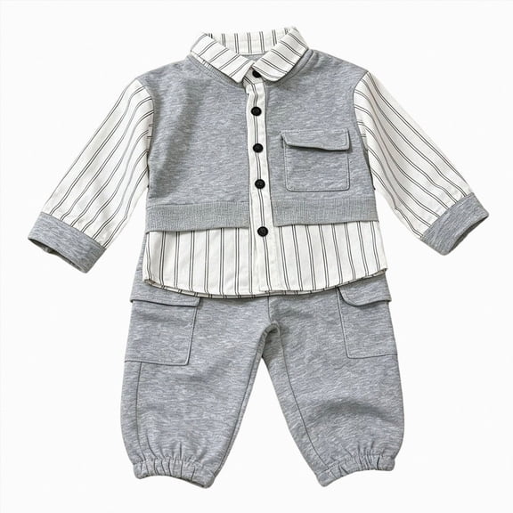 KPOPLK Toddler Baby Boy Fall Winter Clothes Long Sleeve Button Down Shirt and Pants Set 2 Piece Boy Outfit Sets 9 12 Months 2T 3T 4T Grey Size 18-24 Months