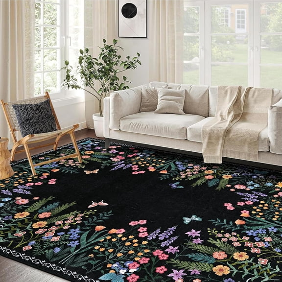 Washable 6x9 Area Rugs, Large Living Room Rug, Non-Slip Soft Floral Rugs for Bedroom, Botanical Area Rug Carpet for Dining Room Guest Room (Black,6'x9')