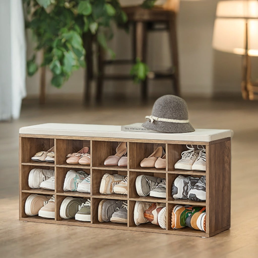 Honey Brown and Cappuccino Beige Entryway Bench with 15 Compartments,with Padded Seat, Shoe Bench with Cushion,11.8 x 41.3 x 18.9 Inches