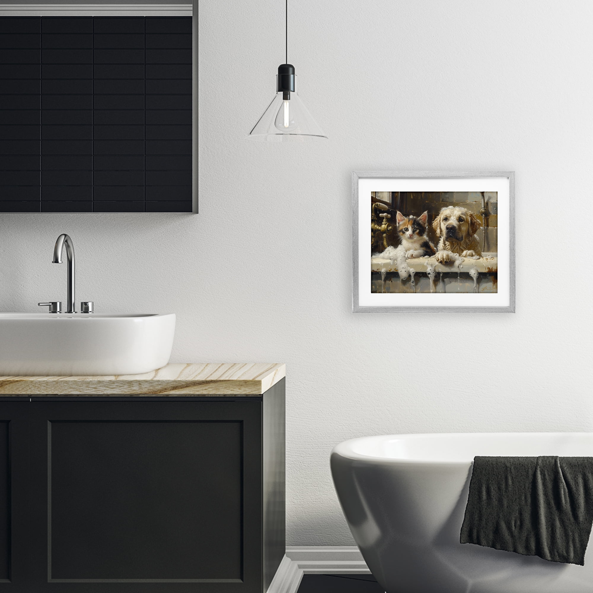 Bath Buddies Cat & Dog Gray Framed Print Under Glass, design by Shawna Stewart