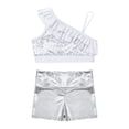 thumbnail image 3 of Doomiva Kids Girls Sequin Ruffle Crop Top with Shorts Set Sport Workout Gymnastics Dance Outfit Tracksuit Silver 6, 3 of 7