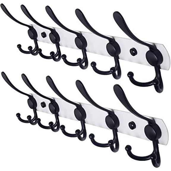 Wall Mounted Coat Rack - 5 Tri Hooks, Heavy Duty, Stainless Steel, Metal Coat Hook Rail for Coat Hat Towel Purse Robes Mudroom Bathroom Entryway (White & Black, 2 Packs)