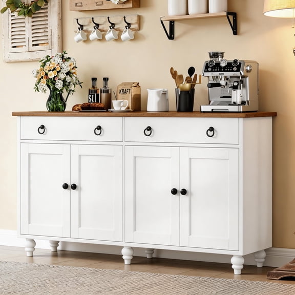 Catrimown Buffet Cabinet with 2 Drawers and 4 Doors, 55.1" W Kitchen Sideboard Storage Cabinet with Adjustable Shelves, Mid Century Coffee Bar for Dining Room, White