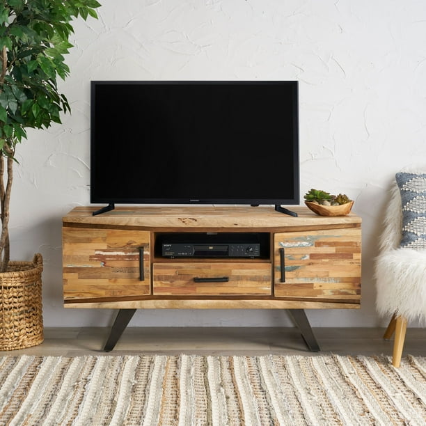 Alithea Handcrafted Boho Reclaimed Wood TV Stand, Natural and Black