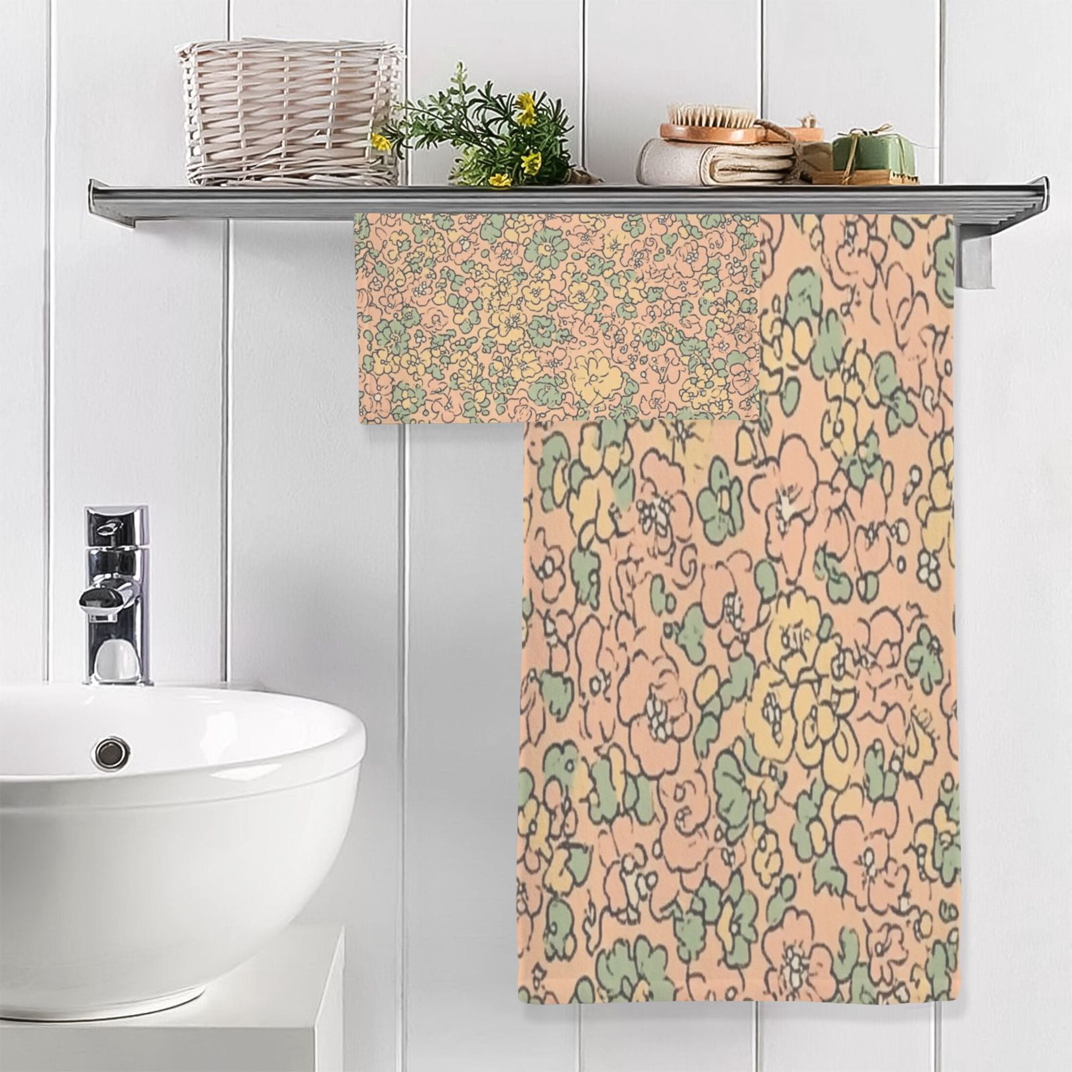 Peach Floral Tapestry 2 Piece Cotton Bath and Face Towel Set Soft and Absorbent, for Beach Pool Bathroom