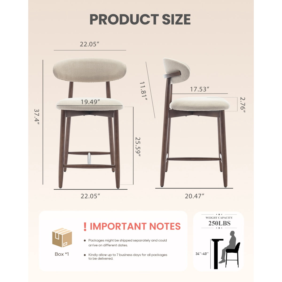EOP Upholstered Counter Height Bar Stool with Back, Modern Kitchen Island Stool, Wood Leg Bar Chair for Kitchen Island Dining Room Bar Counter, Beige