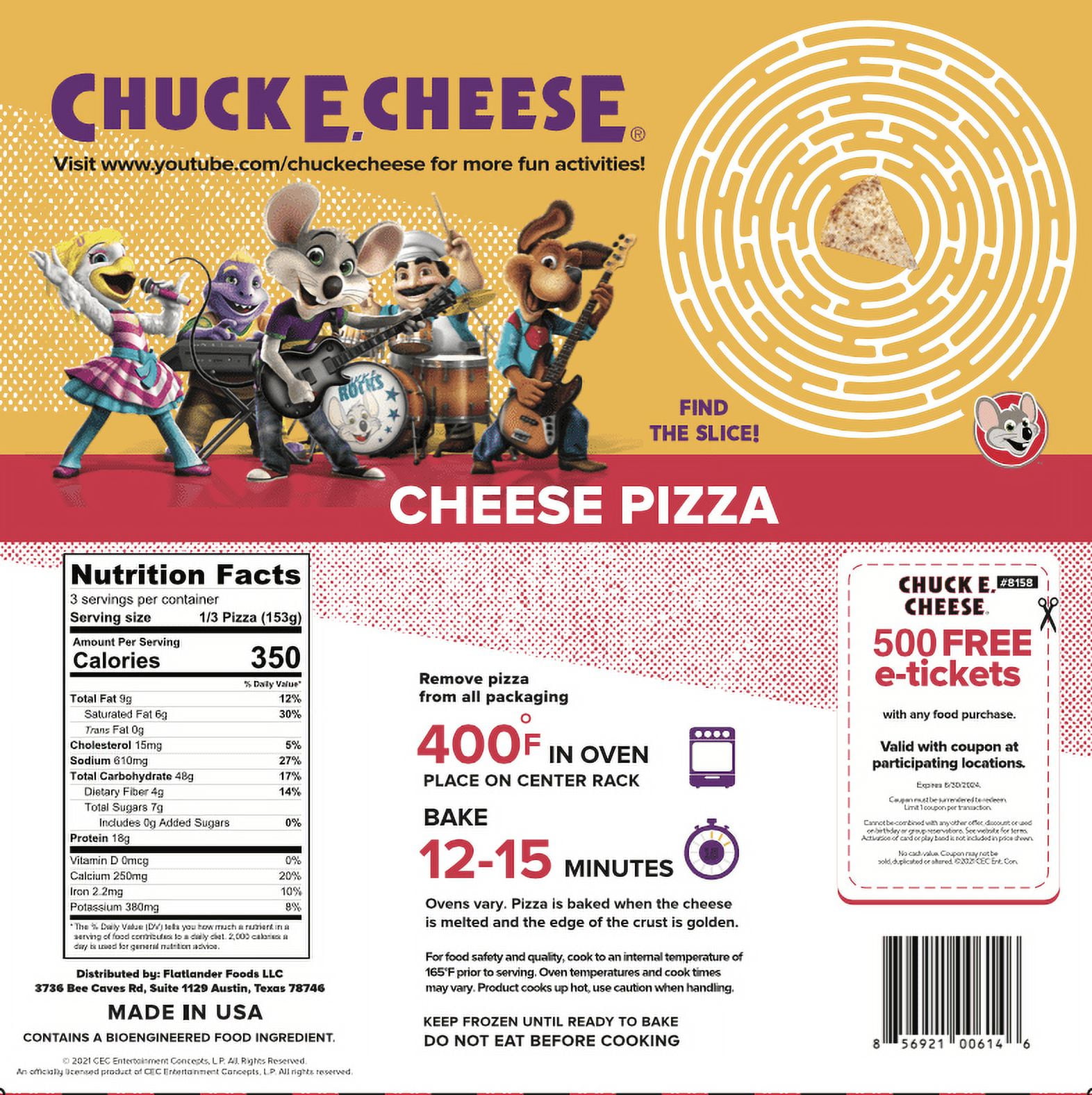 Chuck E. Cheese Frozen Cheese Pizza with Tomato Basil Garlic Sauce and 100% Real Mozzarella.  No Allergens Contained