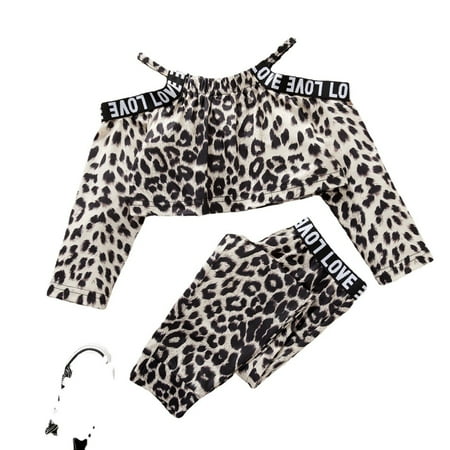 

3T Baby Girl Clothes Toddler Girl Outfits Off-shoulder Leopard Print Long Sleeve Tops Pants Set 5-6T Little Girl 2PCS Outfits