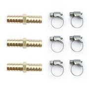 U.S. Solid 3pcs Brass Hose Barbed Splicer Fitting Connector with 6 Clamps, 1/2in Barb