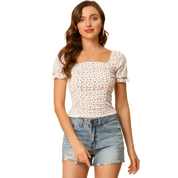 Tops Cortos Florales Allegra K de Manga Corta con Parte Delantera Fruncida para Mujer Blanco L