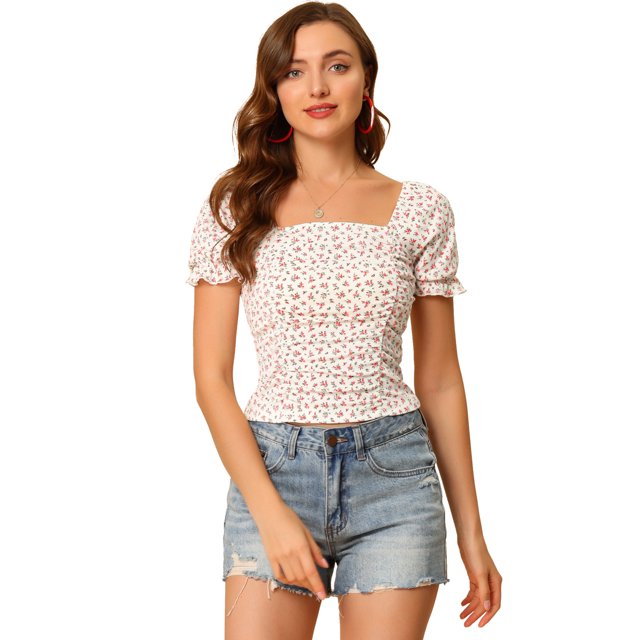 Tops Cortos Florales Allegra K de Manga Corta con Parte Delantera Fruncida para Mujer Blanco L