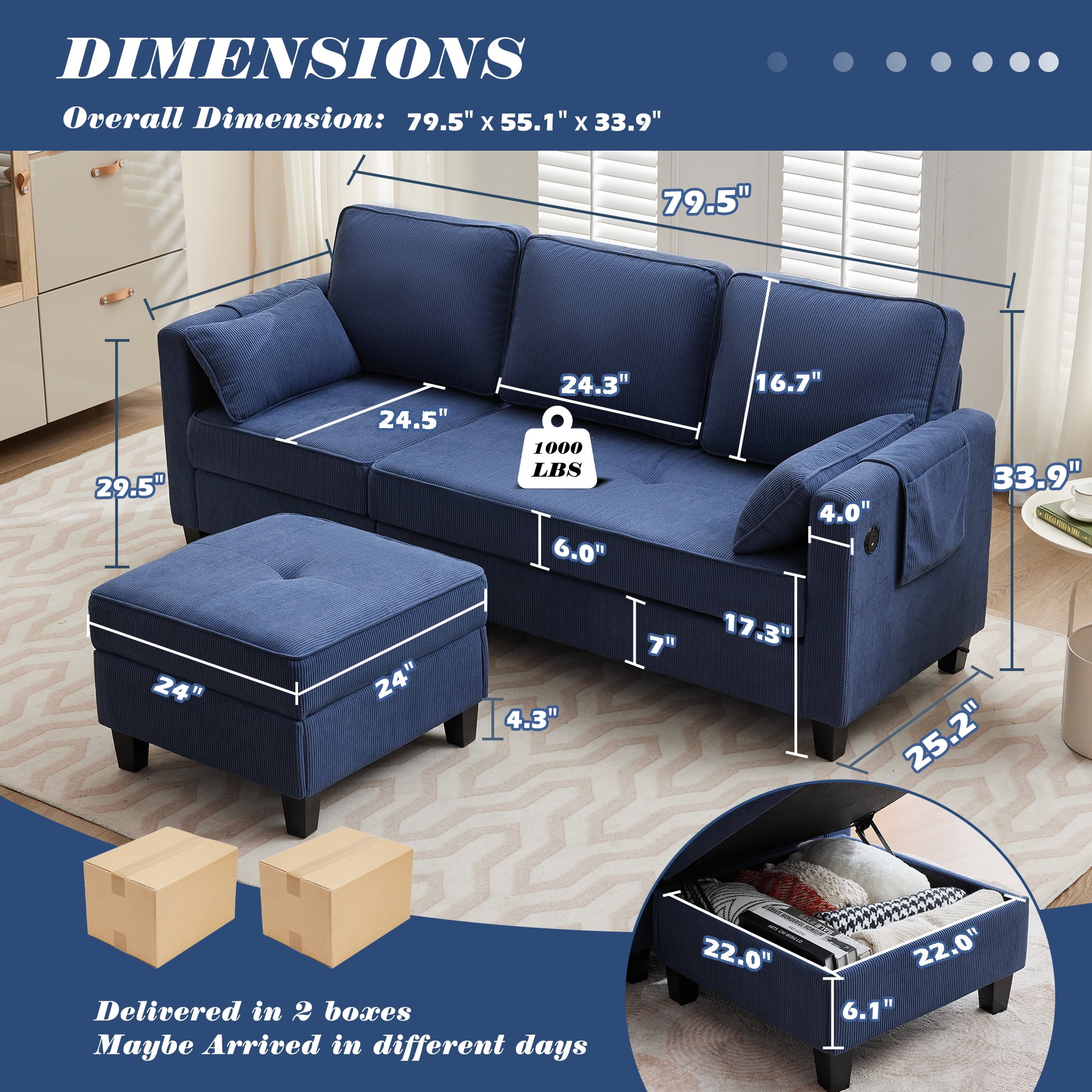 Magic Union Convertible Sectional Couches for Living Room- Small Space Couches L-Shaped Sofa, Corduroy Upholstered 3 Seats Sofas W/Storage Chaise, USB Ports, Side Pockets and Pillows