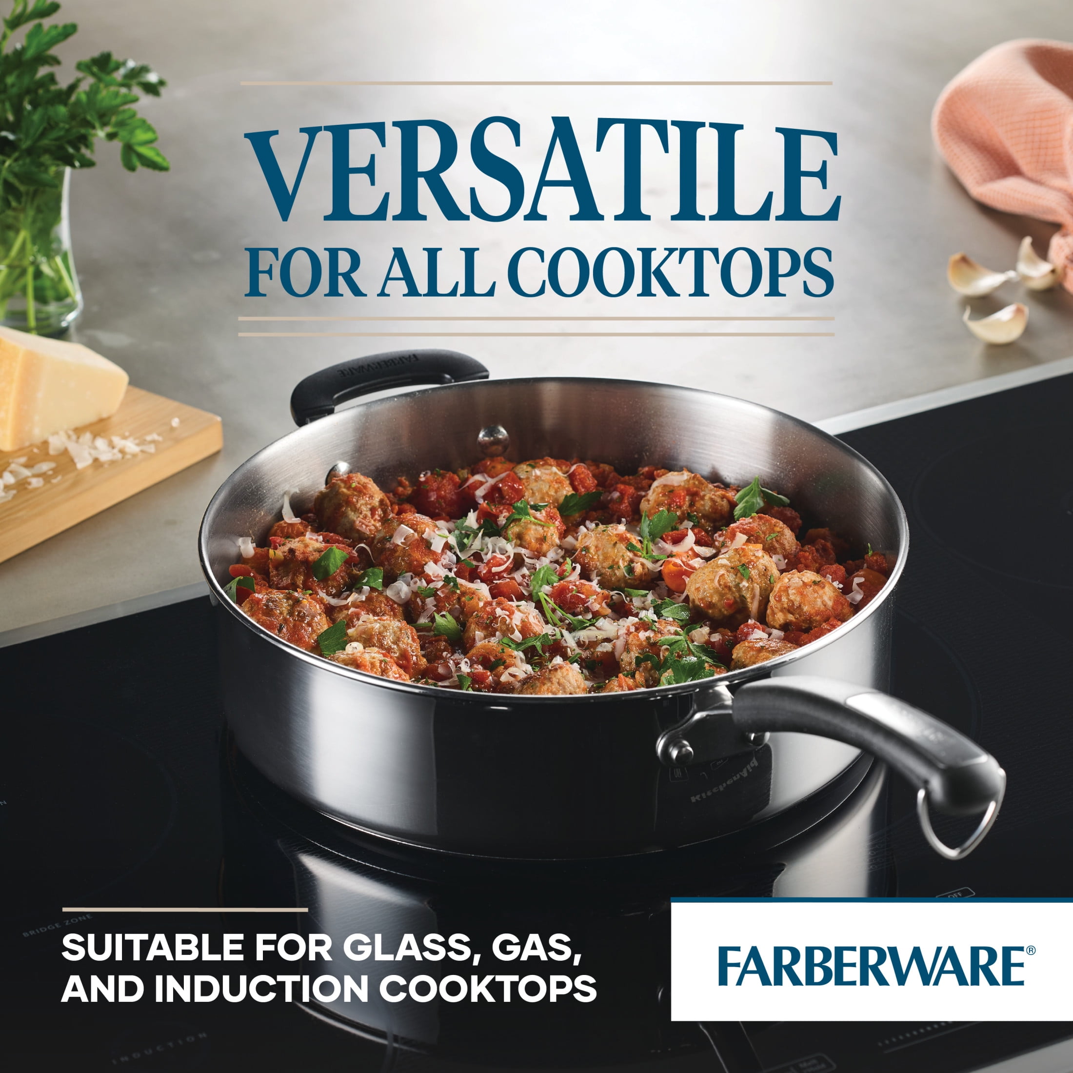 Farberware Brilliance 6 Quart Saute Pan with Lid and Helper Handle, Induction Compatible, Metal Utensil and Dishwasher Safe, Stainless Steel