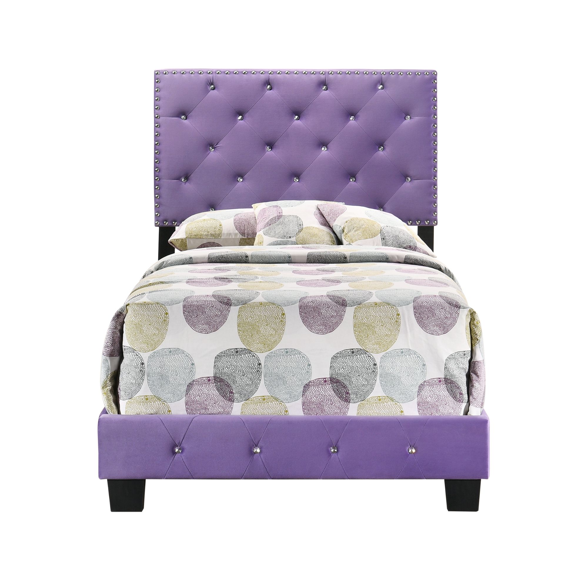 Noble House Casual Velvet Twin Bed for Kids with Tufted Headboard, Wood Supports, Purple