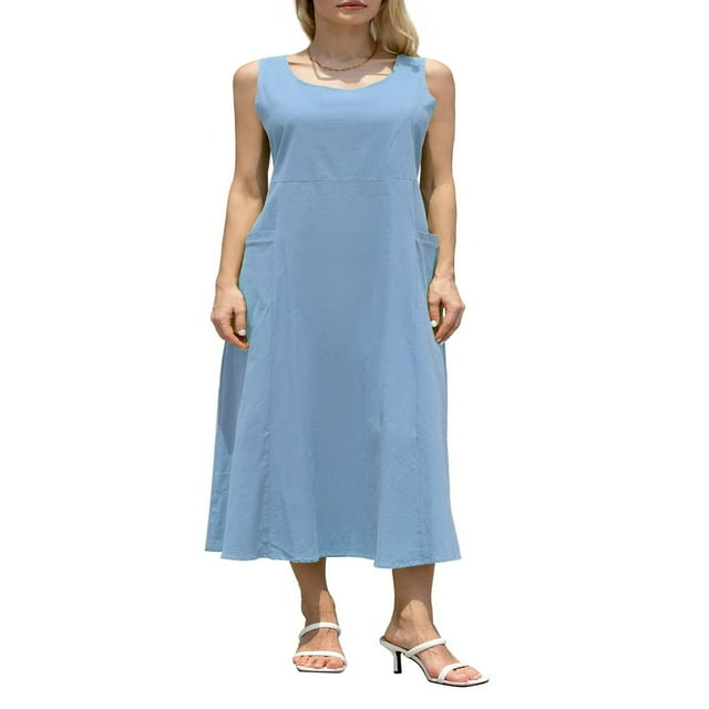 EIMELI Tenue de Plage pour Femmes Robe Débardeur en Coton et Lin avec Poches Maxi Couleur Unie Bohemia Robe d'Été