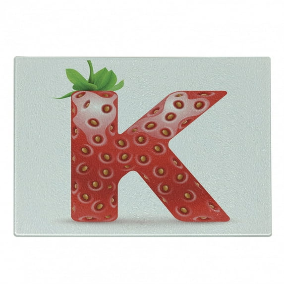 Letter K Cutting Board, Fresh Food Strawberry Style Capital K Seasonal Refreshment Design, Decorative Tempered Glass Cutting and Serving Board, Small Size, Vermilion Green Orange, by Ambesonne