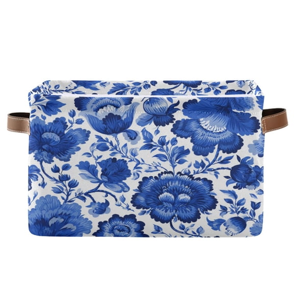 1-Pack Square Closet Organizers with Handles Open Basket Bins Blue Floral Pattern Storage Basket for Home Office