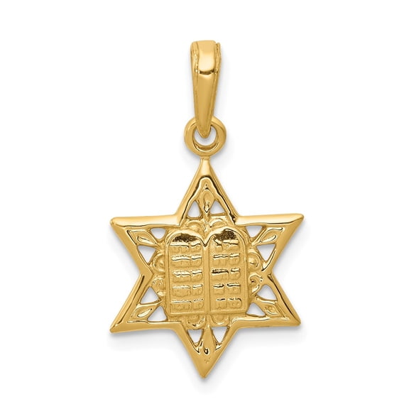 14K Yellow Gold Charm Pendant Themed 23 mm 15 Star Of David With Tablets In Center