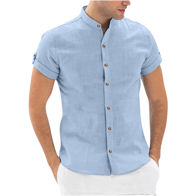 Weiqiqre Men's Shirts Sale, Men's Short-sleeved Formal Business Color Standing Collar Shirt Multi-button