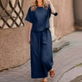thumbnail image 3 of Scyoekwg Lounge Sets for Women 2 Piece Casual Cotton Linen Sweatsuits Sets Loose Solid Color Trendy Short Sleeve Round Neck Tops Wide Leg Pants Outfits (Dark Blue,XS), 3 of 6