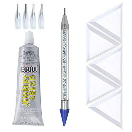 - E6000 1-Ounce Jewelry and Bead Adhesive with 4 Precision Applicator Tips for Jewelry, Pixiss 6-inch Jewel Picker Setter Pickup Tool, 5X Triangle Bead Trays Wax Pencil Rhinestone Applicator Kit
