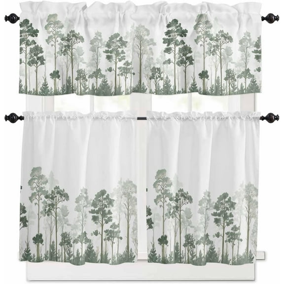 Green Forest Kitchen Curtains and Valances Set, Rod Pocket Curtains Tier Farmhouse Window Curtains 36 Inch Length, Pine Maple Nature Trees Watercolor Rustic 3 Piece Kitchen Curtains Set