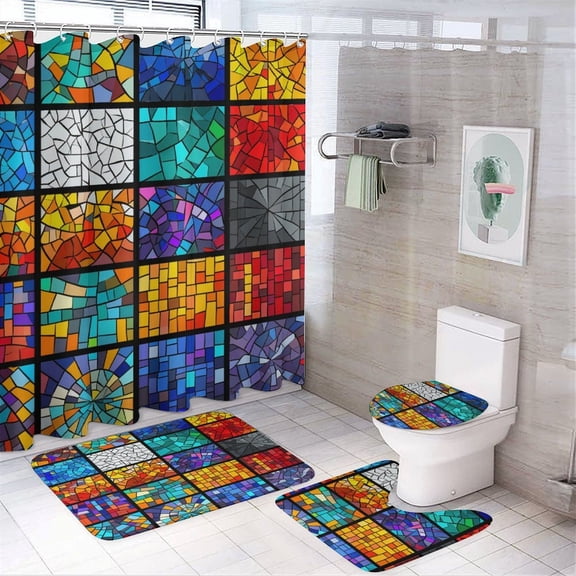 Colorful Tiles 4 Piece Shower Curtain Sets Bathroom Sets with Curtain Rug Toilet Cover And U Shaped Mat Mexican Talavera Style Durable And Waterproof for Bathroom Decor