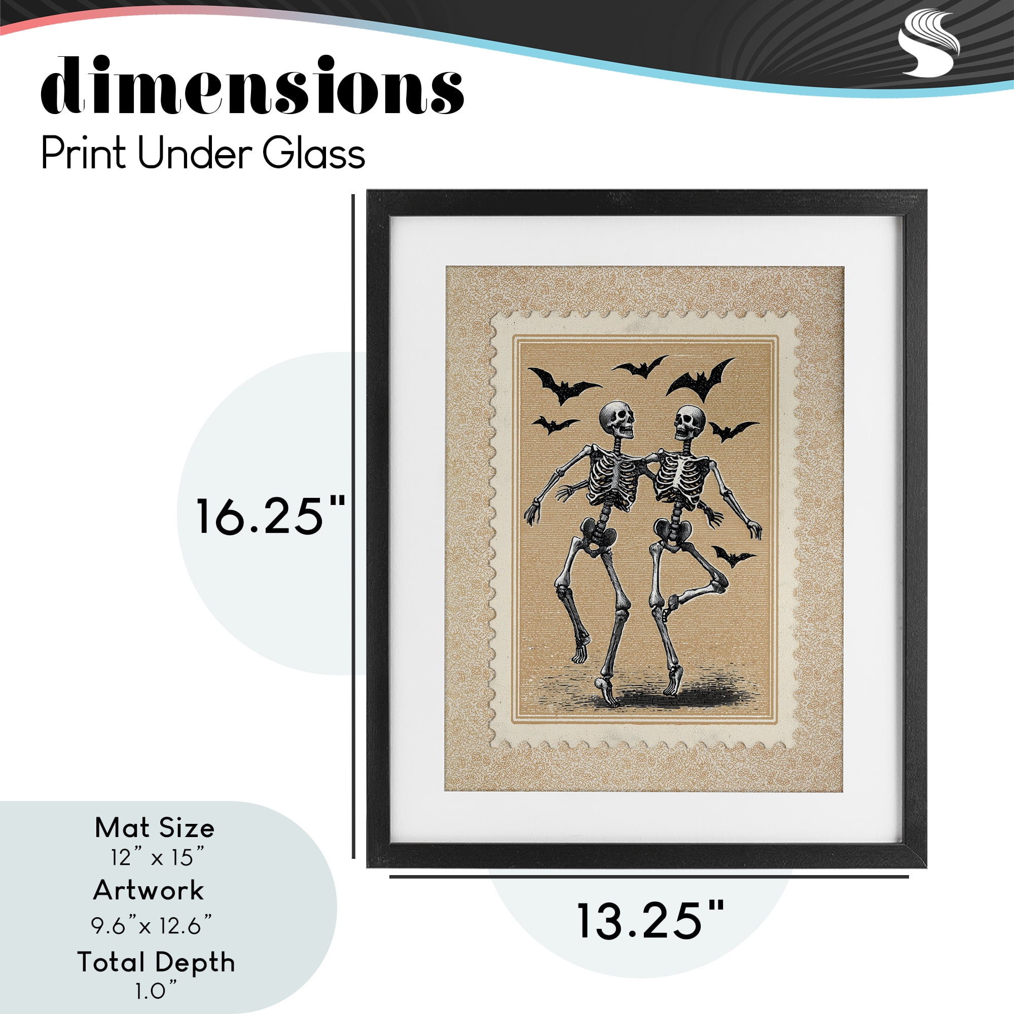 Vintage Dancing Skeletons Stamp Black Framed Print Under Glass, design by Arlington Prints