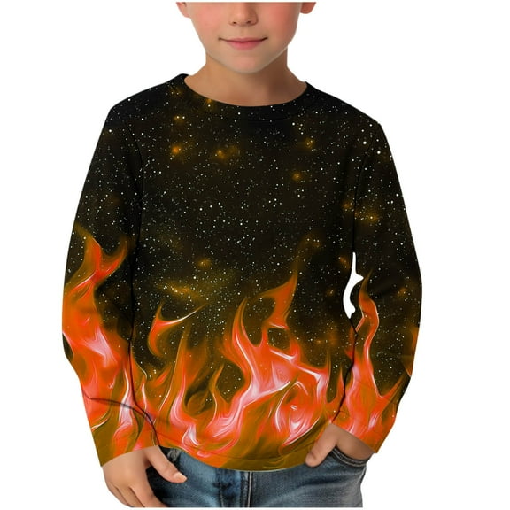 ​​ Childrens Stylish Flame Pullover Long Sleeve Tee Boys Girls Casual Top Crewneck Graphic Shirt Soft Blend Comfortable Kidswear