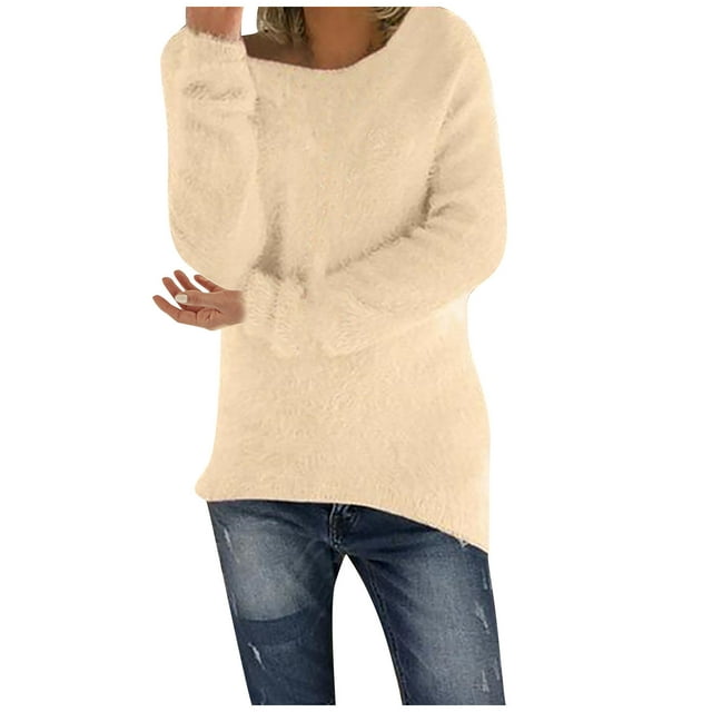 Mode Femme Col Rond Ample Peluche Couleur Unie Manches Longues Chandail T-shirt Hauts