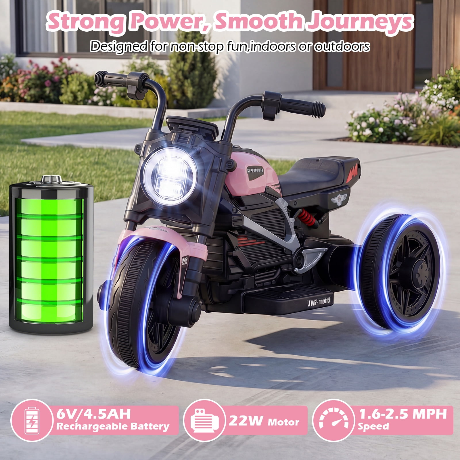 Costway 6V Kids Motorcycle with Song,Story,LED Headlights,Accelerator Pedal & 3 Wheels, Pink & Black